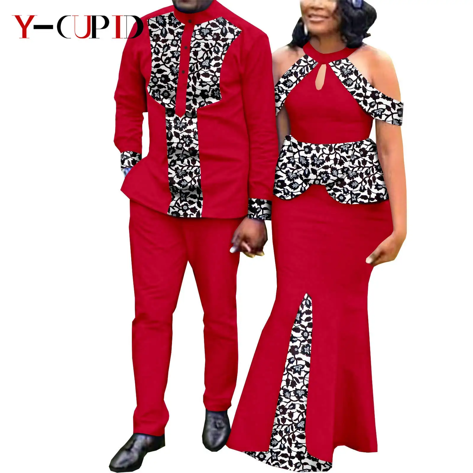 African Dresses for Women Match Bazin Lover Couple Clothes Print Mermaid Evening Dresses Men Outfits Shirt and Pant Sets Y21C024