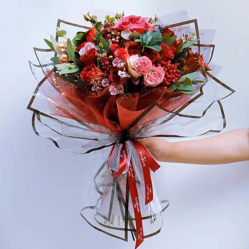 20pcs Transparent Waterproof Wrapping Paper with Colorful Borders Fit Flower Shops Bouquets DIY Crafts & Delicate Gift Packaging