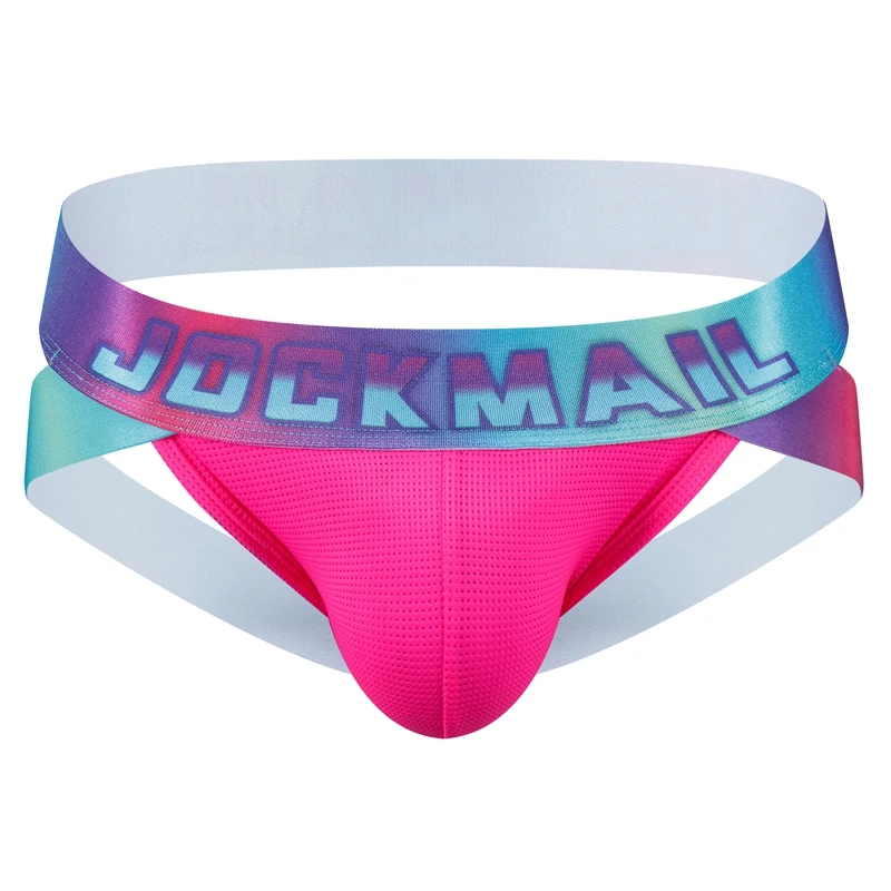 JOCKMAIL Jockstrap Men Thong Sexy Underwear Men Brief  Male Panties G String Bikini Sissy Mesh Underpants Ombre Rainbow Belt