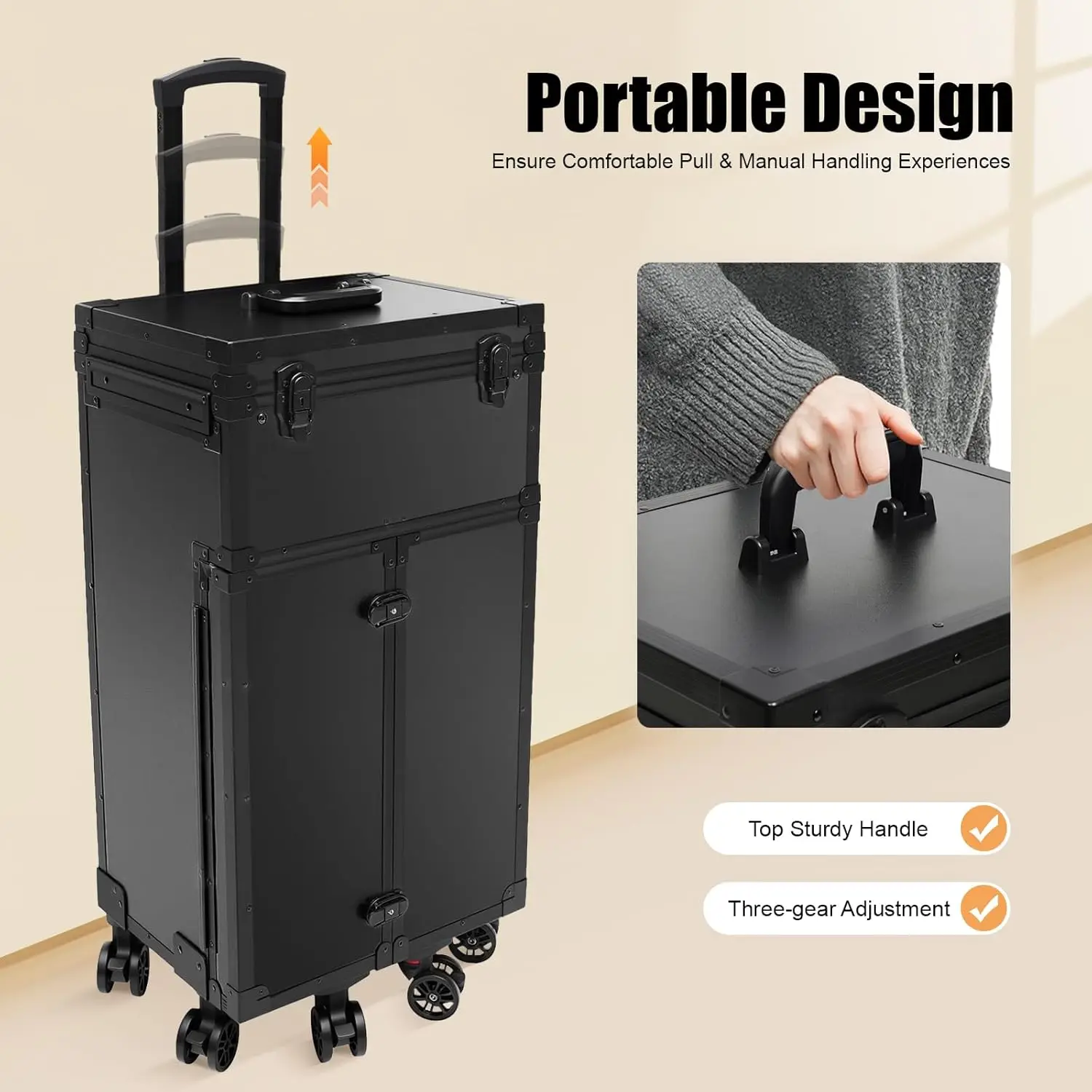 Lockable Large Rolling Cosmetic Trolley, 31.5 Inch Tall Multi-Layer Makeup Travel Luggage Organizer, Professional Wheeled Vanity Storage Case for Esthetician Supplies