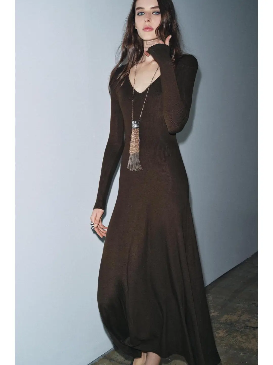 Outono faion longo sve v-ne a linha dr têxtil em camadas saia feminina uso diário ins sle reunido cintura dr