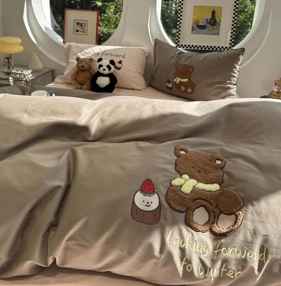 Fashion towel embroidery bear brown bedding set,full queen king warm sand cotton home textile bed sheet pillow case quilt cover