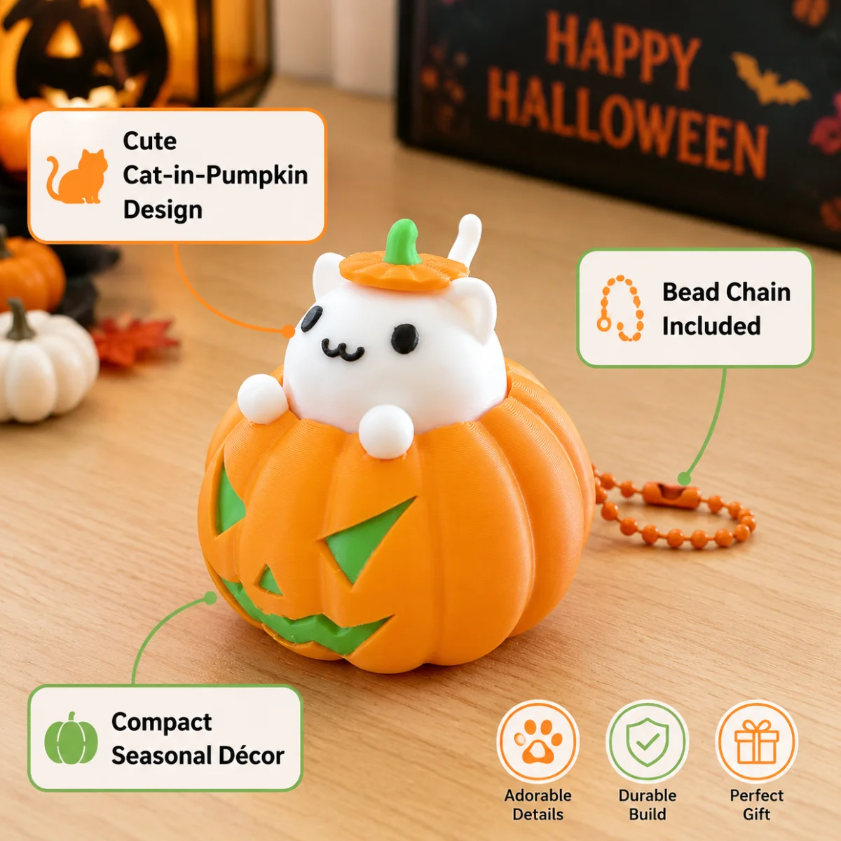 1PC Halloween Pumpkin Cat Fidget Clicker Keyring,Eco-Friendly 3D Printing PLA  Accessory,Cartoon Stress Toy Backpack Charm