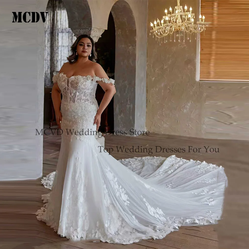 فساتين زفاف كبيرة الحجم بحورية البحر من MCDV على شكل قلب مكشوفة الكتف بطبعة زهور ثنيات فستان زفاف فيستدو دي نوفيا مخصص