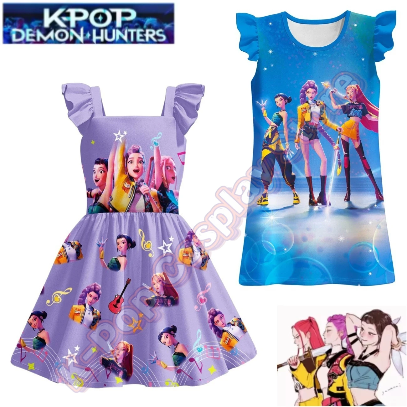 

KPop Demon Hunters Kids Cosplay Costume Baby Girls Summer Dress Flying Sleeved Dress For Birthday Carnival Halloween Clothes
