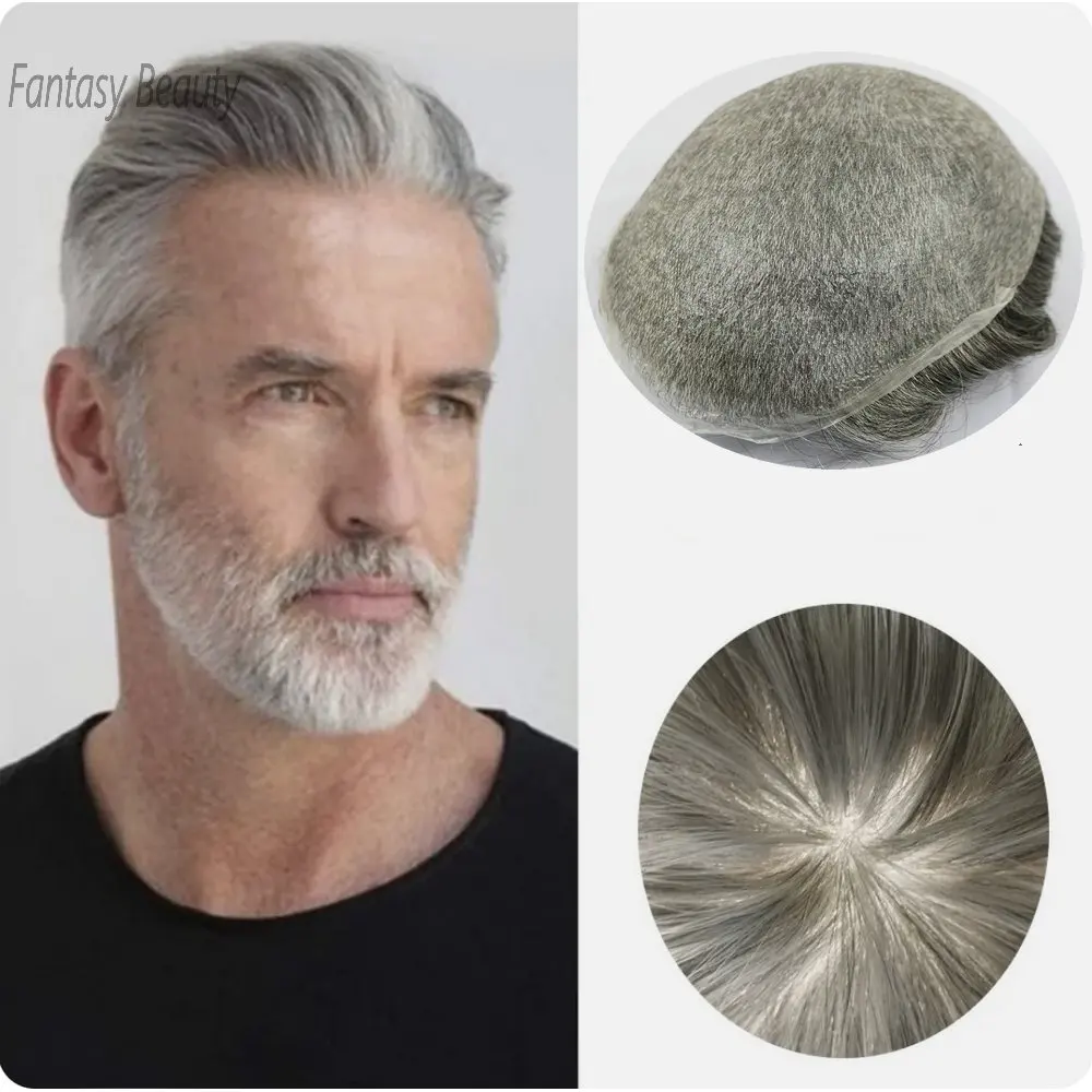 Natural Hairline Grey Toupee para homens, 100% cabelo humano, peruca masculina, pele super fina, 0,02mm, substituições de laço V, sistema de prótese