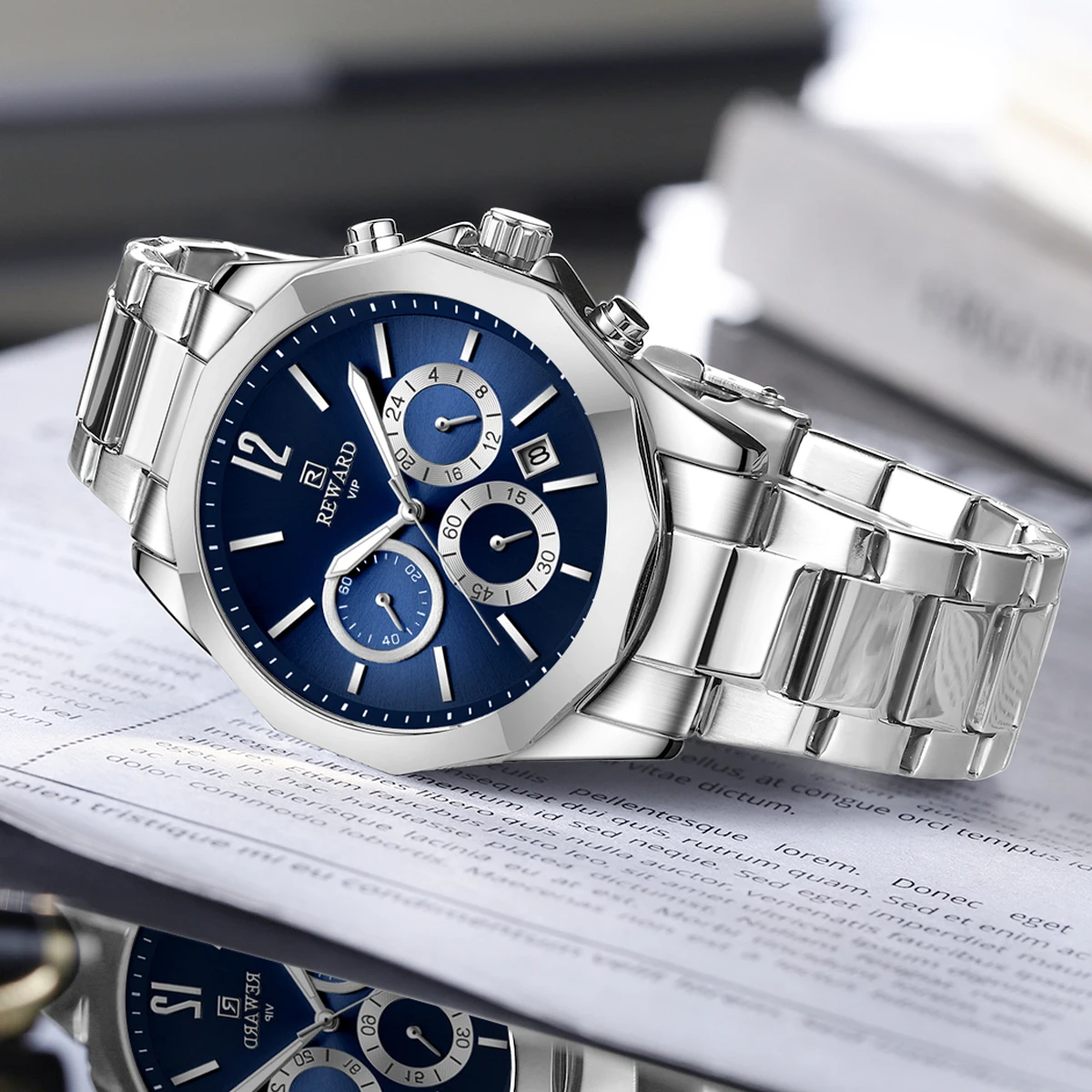 REWARD Business Chronograph Mens Watches Date Waterproof Quartz Luminous Men Wristwatch Stainless Steel Blue Dial Clock