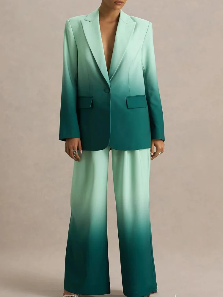 

Elegant Commuting Blazer Coat & Pants Outfits Fashion Lapel Button Loose 2Pc Suits Women Casual Long Sleeve Gradient Print Sets