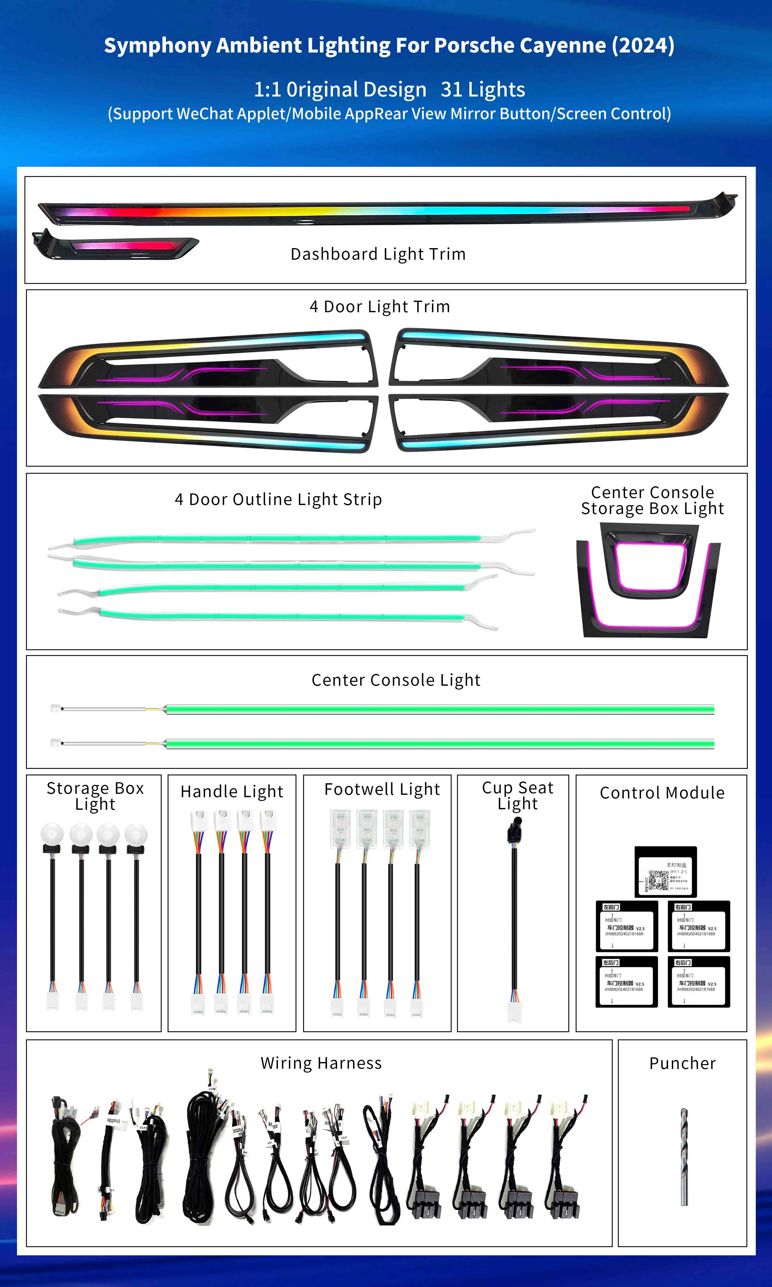 iCarsin Upgrade Symphony LED Car Interior Ambient Lighting For Porsche Cayenne 2024 Atmosphere Strip Decoration Accessories