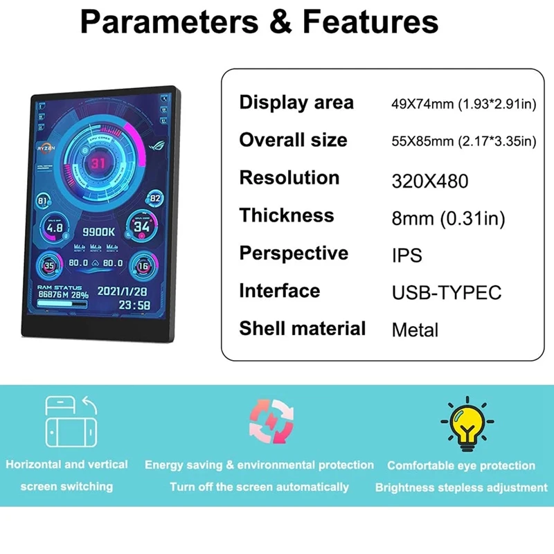 3.5Inch IPS TYPE-C Mini ITX PC Case Monitor,DIY Computer Secondary Screen CPU GPU RAM HDD Monitoring Free Drive AIDA64