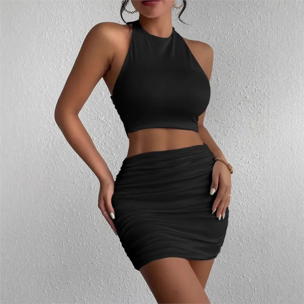 

Sleeveless Halterneck Tube Top Sexy Hip-covering Suit Summer New Women's Fashion Solid Color Short Vest Skirt 2-piece Set