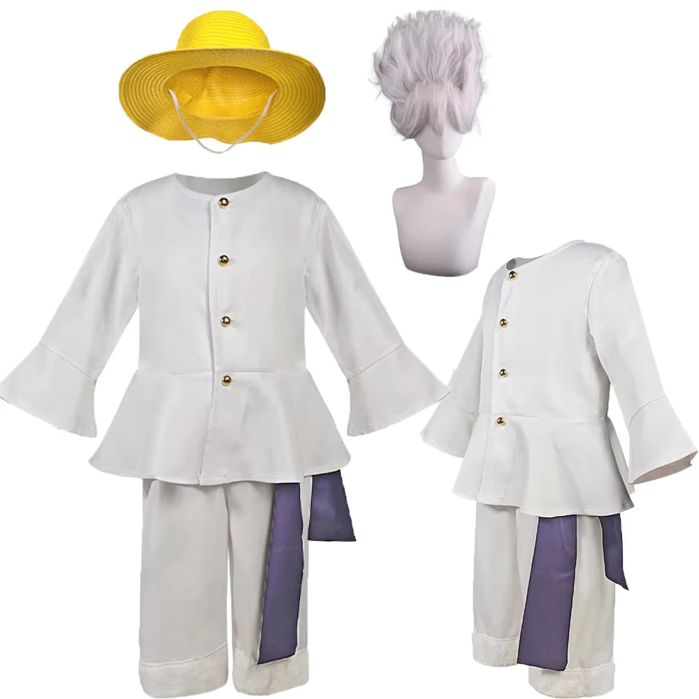 Lufy Cosplay Gear 5 Anime Lufy Cosplay Costume Straw Hat Wig Country Sun God Nika Form White Suits Halloween Costumes Unisex