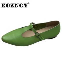 Koznoy 1.5cm Cow Genuine Leather Point Toe Women Soft Soled Rubber Flats Slip on Buckle Leisure Shallow Summer Moccasins Shoes