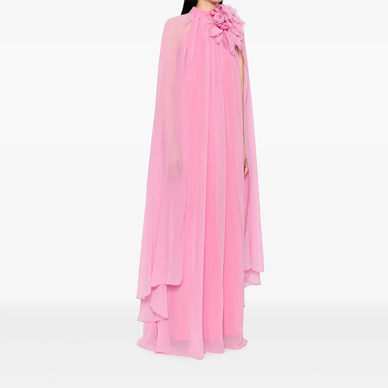

Chiffon High Neck Women'S Evening Dress Shawl Sleeves Exquisite Flowers Formal Occasion Party Dress Floor-Length Ball Dress