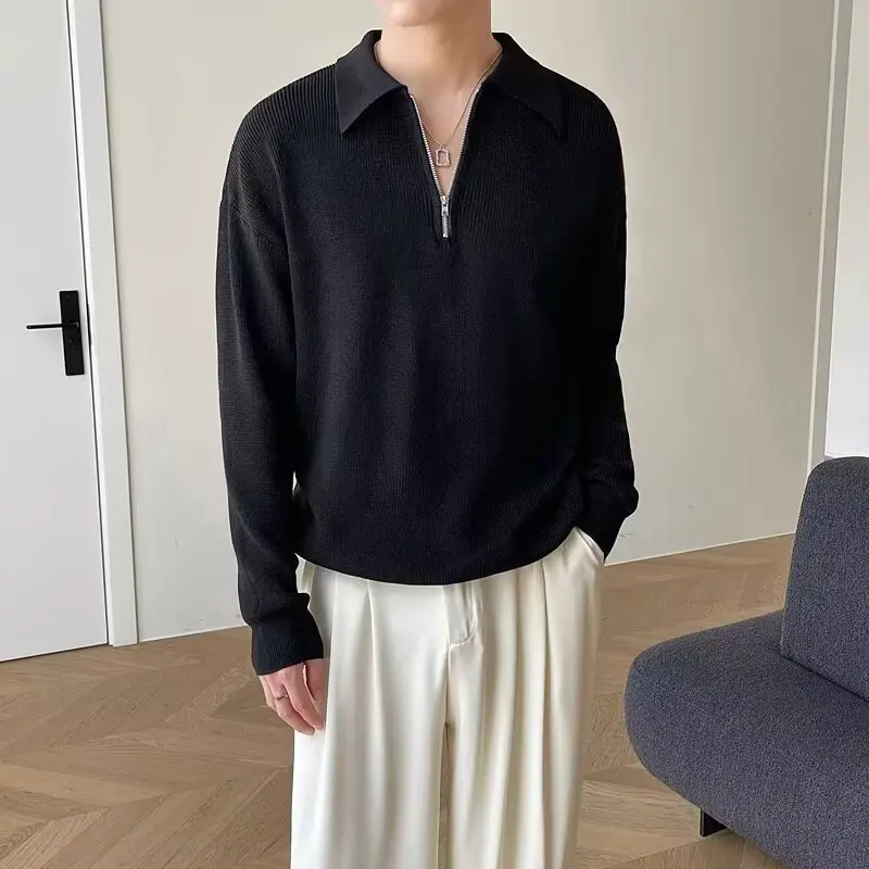 

Men's Half Zip Sweater Autumn Korean Style Casual Turn-Down Collar Solid Color Sweaters Lapel Pullover Knitwear Long Sleeve Knit