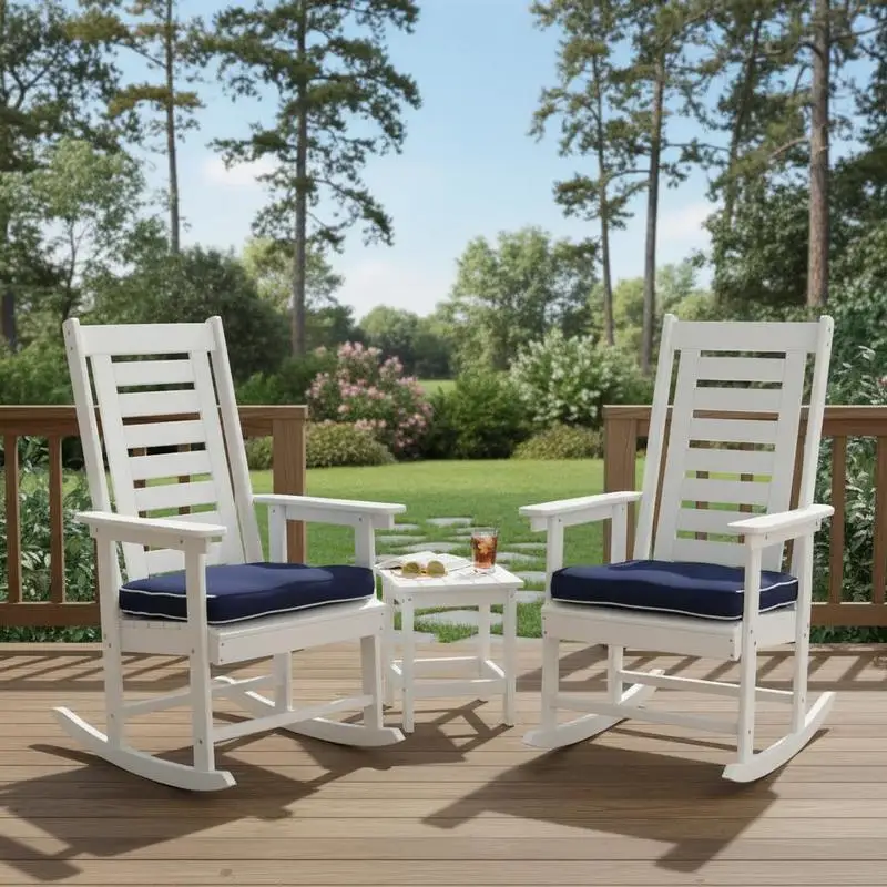 

2 Pieces Outdoor Rocking Chairs, HDPE Patio Rockers with 28" High Back, Wide Armrests for Porch Backyard, White