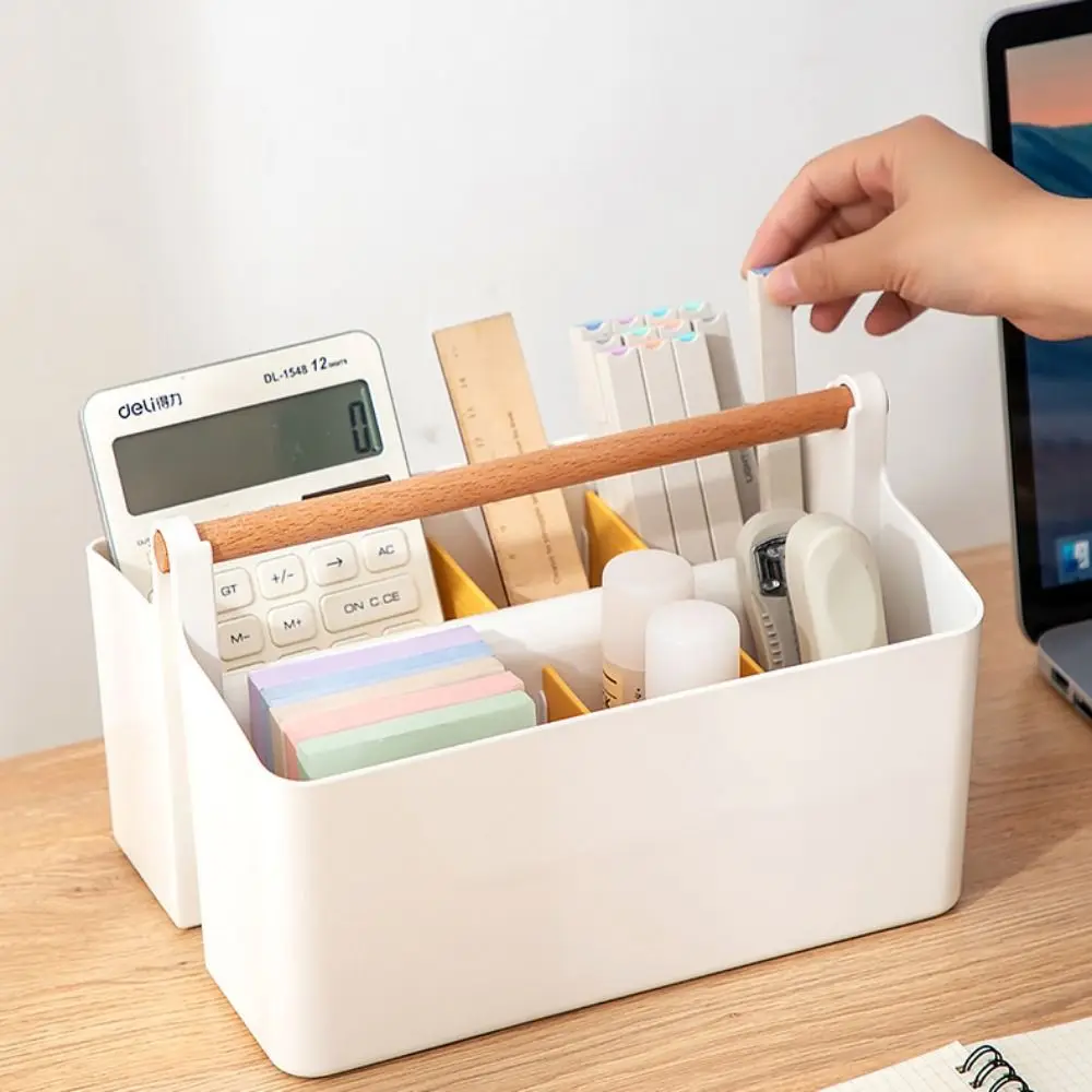 

Plastic Desk Storage Organizer Detachable Portable Desk Stationery Box Multi-Purpose with Wooden Handle Pen Holder Home Desk