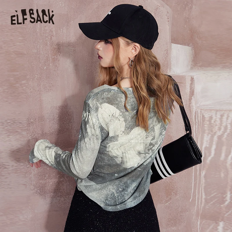 ELFSACK casual crew neck long sleeve slim t-shirt for women 2024 new inside knit fabric printing ventilate soft undershirt top