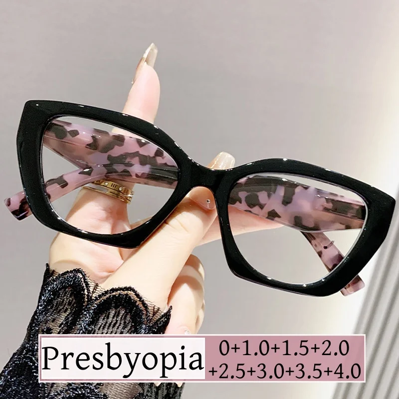 Oversized Cat Eye Frame Reading Glasses Luxury Designer Blue Light Blocking Hyperopia Glasses Prescription Eyewear +1.0+1.5+4.0