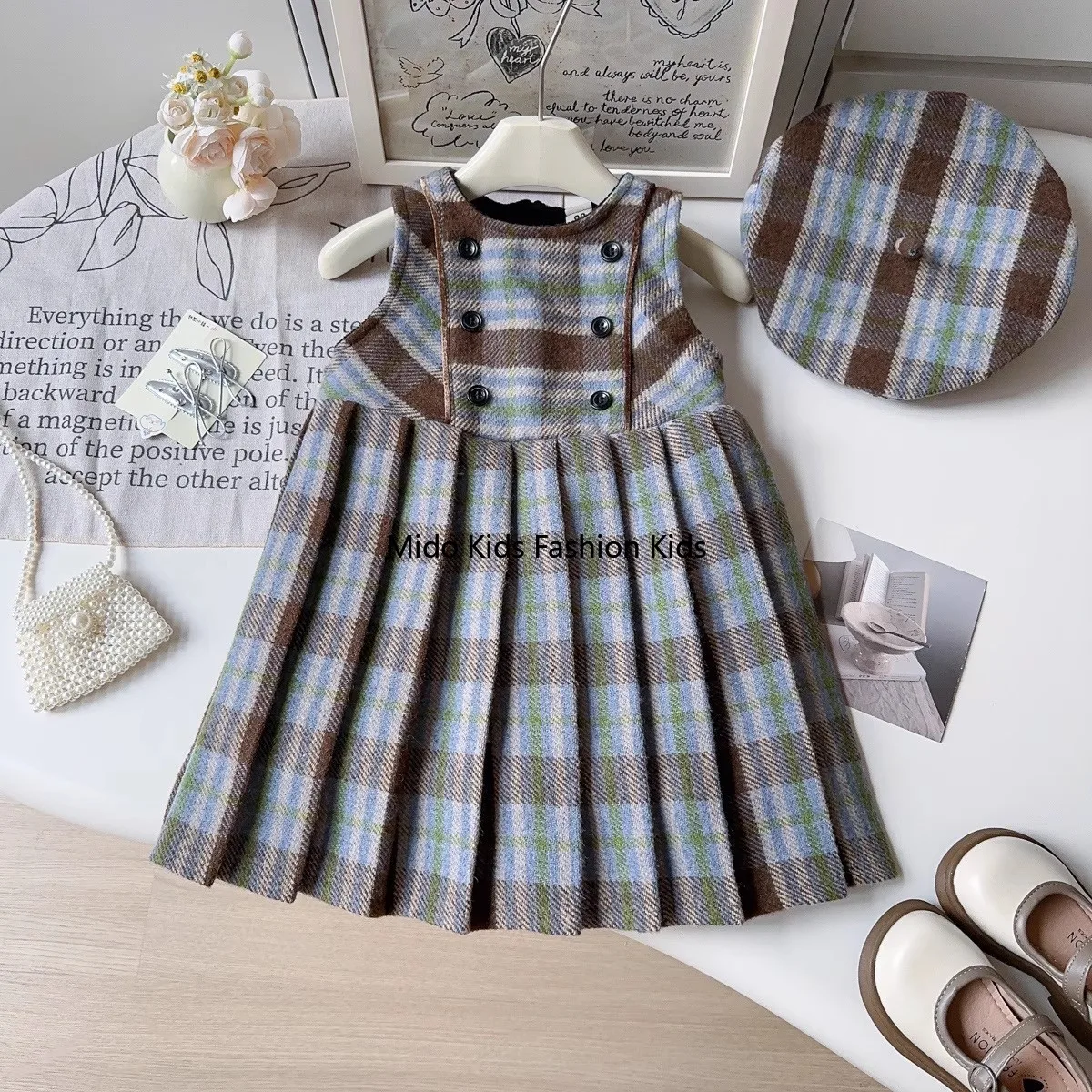 

Autumn/Winter Girls' Pleated Dress Stylish Wool Tartan Lined Thickened Korean-Style Ladylike Vest Dress 90-140cm
