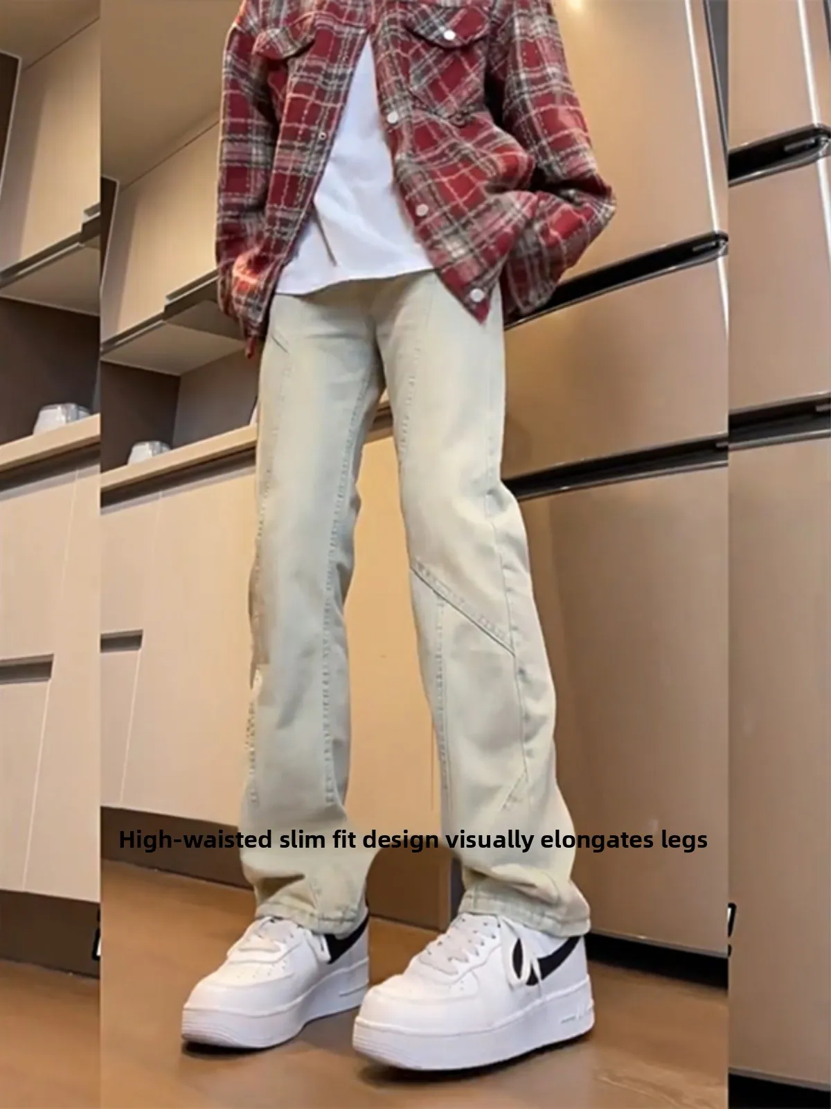 

Slim Fit Yellow Mud Color Denim Jeans Men's Sle High Street Autumn Winter Straight Leg Trendy Brand Slimming Pants