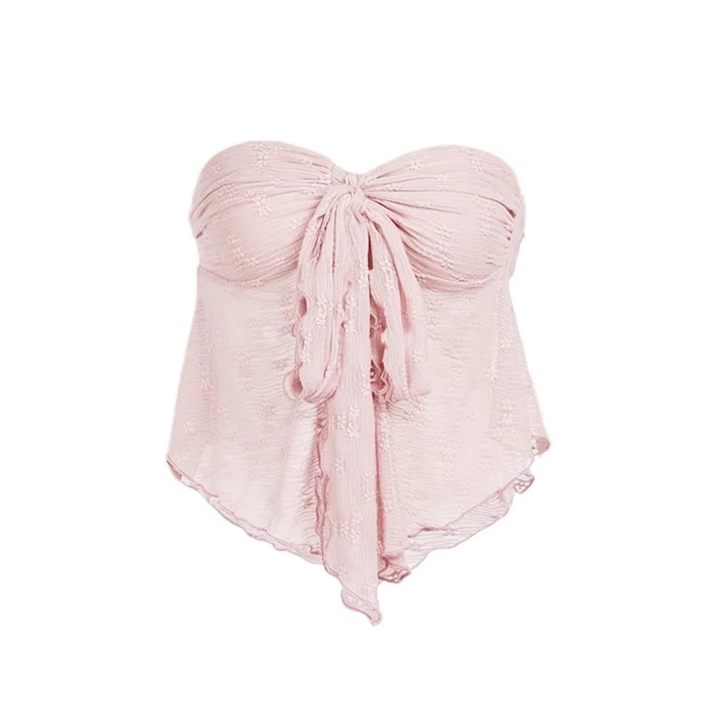 

Women's Sweet Sexy Light Pink Tie Bandeau Top with Ruched Details One Piece Crop Top For Vacation Beach Wear 2026 New Summer