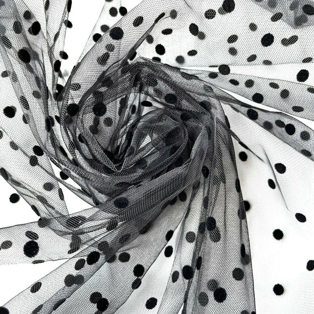 Lace Black Flocked Polka Dots Stretch Mesh Net Fabric Guipure