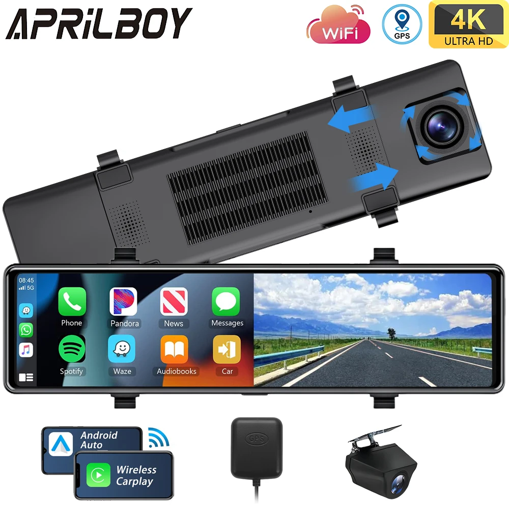 

Aprilboy 12'' Car DVR 4K Mirror Dash Cam with Carplay Android Auto Parking Assistance WiFi Bluetooth Navigation Touchscreen