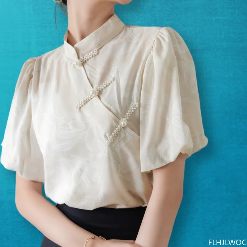 Puff Sleeve Chi-pao Collar Design Beaded Button Tops 2024 Summer Cute Sweet Women Date Girls Elegant Retro Shirt Blouse Vintage