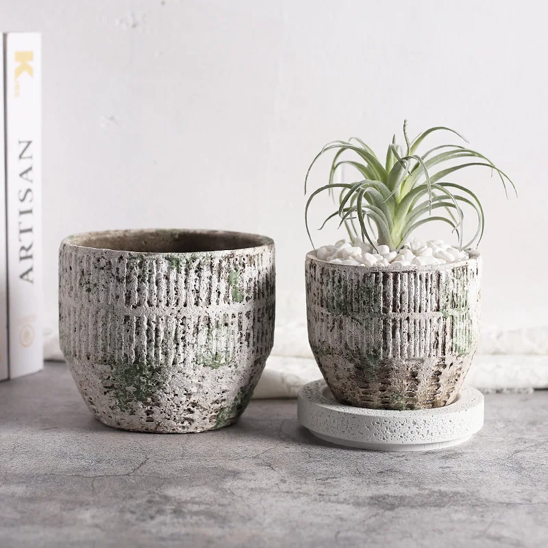 Retro ceramic craftsmanship cement flower pot moss pattern color gardening ornament flower pot breathable succulent pot wholesal