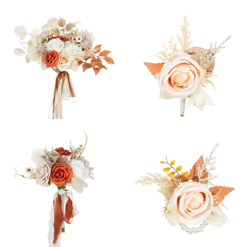 

Luxurious Handheld Wedding Bouquet with Silky Flowers Corsages for Bridal Party