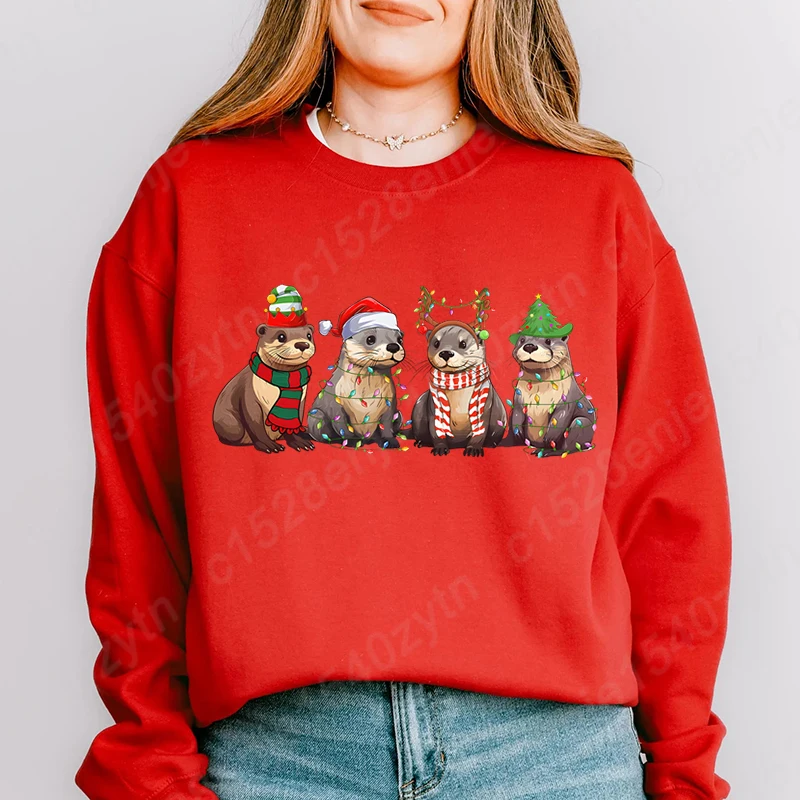Otters Christmas Lights Print Sweatshirts, Otter Merry Christmas Sweatshirt, Crew Neck Long Sleeves Women Xmas Pullovers Tops