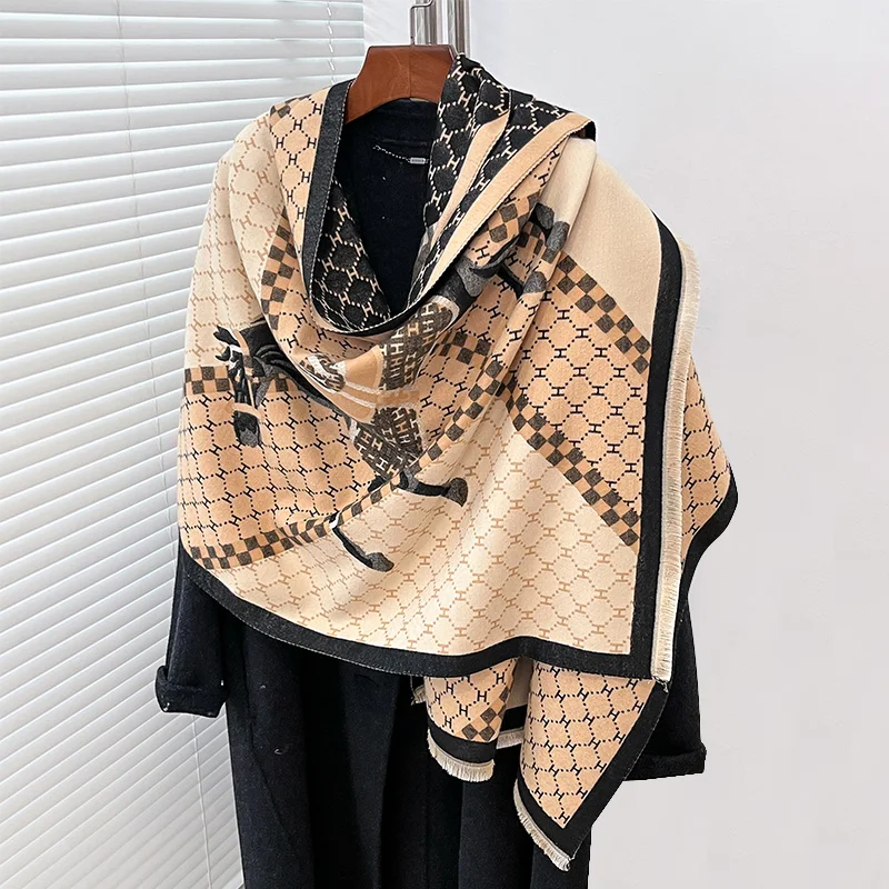 

2024 Imitation Cashmere Soft Horse prints Print Scarf Women Pashmina Wraps Hijab and Wraps Female Echarpe Scarves Luxury Brand