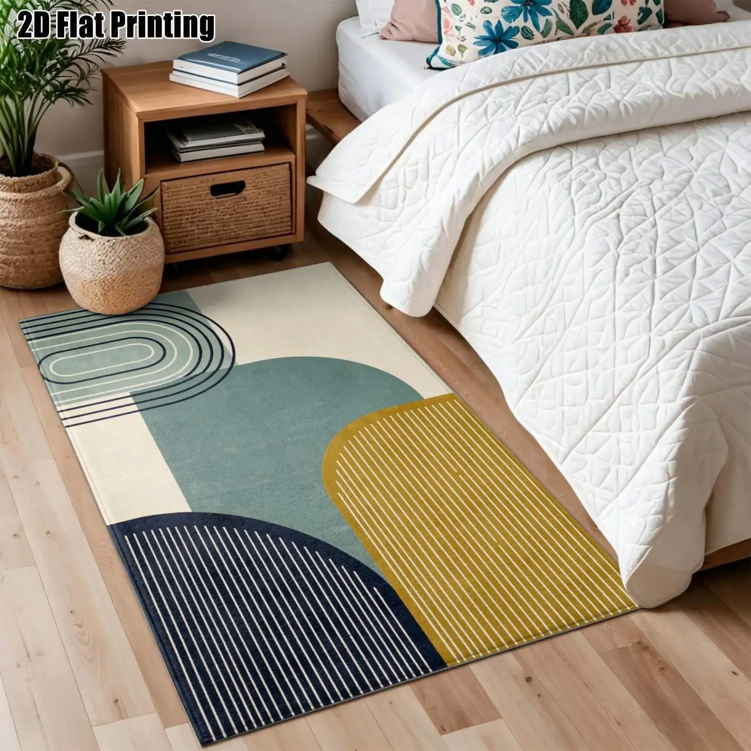 1Pc 2D Printed Carpet: Blue-Green-Yellow Geometric Line Patterns, Nordic/Modern Minimalist/Instagram/European Style, Multi-Size Washable, for Entrance, Dining, Foyer, Bedroom, Living Room Home Decor