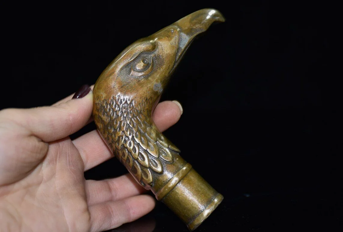 Chinese Brass Copper Hand carved Cane Walking Stick Head Handle eagle Statue