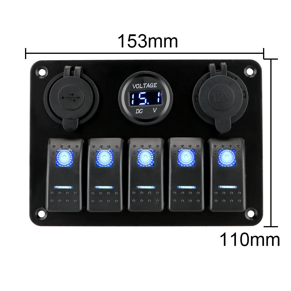

12/24V Outlet Combination Digital Voltage Dual USB Slot Socket With Fuse 5 Gang LED Rocker Switch Panel Waterproof