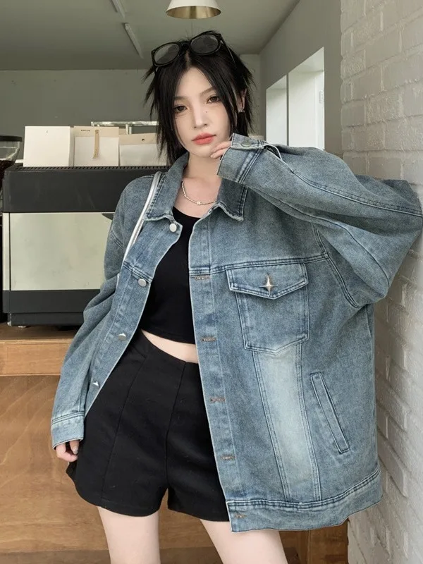 

Женская джинсовая куртка больших размеров в американском ретро-стиле, свободного кроя, повседневная, осенняя, новая, модная, на пуговицах, с высокой талией