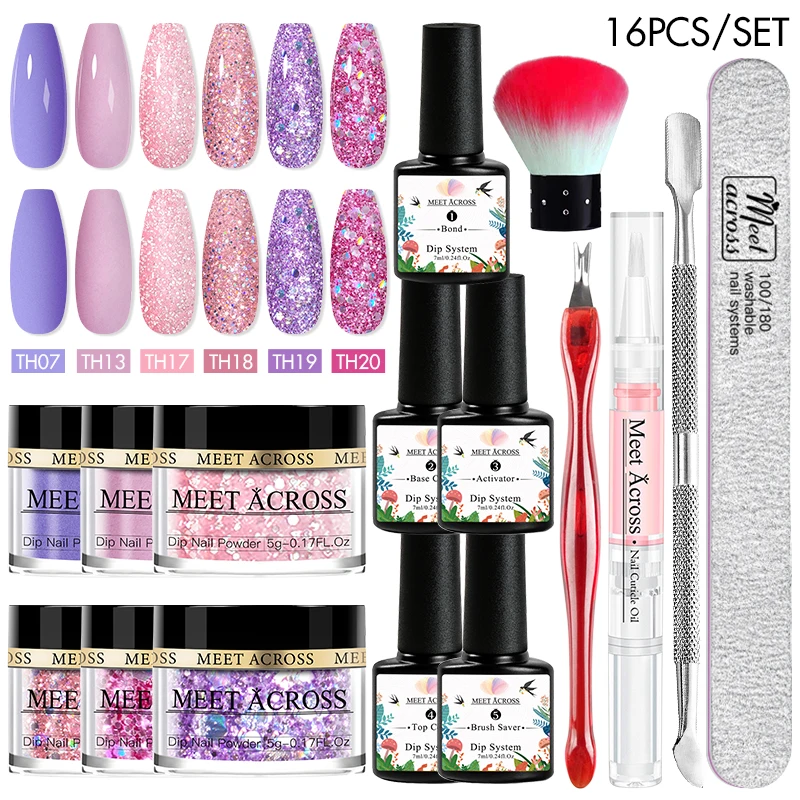 Voldoen Aan Meer dan 6/16 Stuks Nail Dipping Poeder Set Glitter Paars Roze Dompelen Pigment Poeder Kit Natuurlijk Droog Zonder Lamp Nail Art