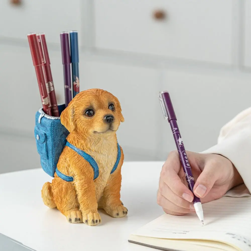 Cute Design Golden Retriever Dog Pen Holder Resin Craft Cartoon Style Pencil Cup Large Capacity Creative Sculpture