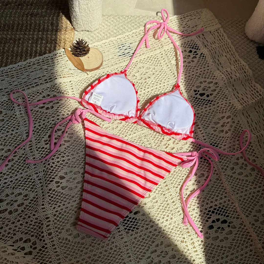 8 Farben, pinkfarbenes zweiteiliges Bikini-Set, gestreiftes Bikini-Oberteil mit hohem Beinausschnitt, Damen-Badeanzug, Damen-Badebekleidung, Badeanzug, Schwimmanzug V5540. – Detail 11