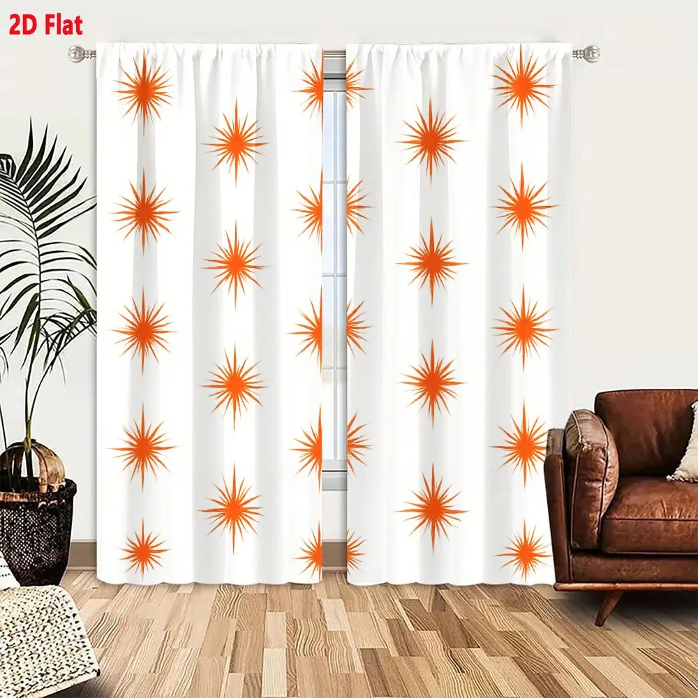 2Pcs Curtains 2D Flat White Background With Repeated Orange Starburst Motifs Grid Pattern Symmetrical Spiky Design Window Drapes