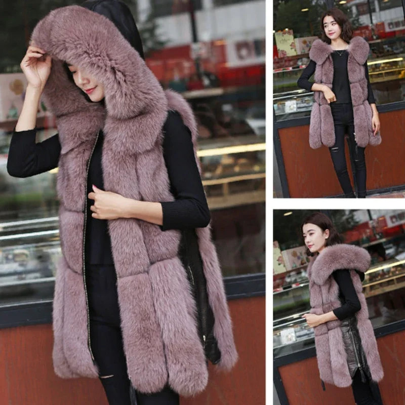 2023 Autumn Winter New Women Faux Fox Fur Coat Mid Length Version Hooded Waistcoat Thicken Warm Casual Outwear Fashion Slim Top