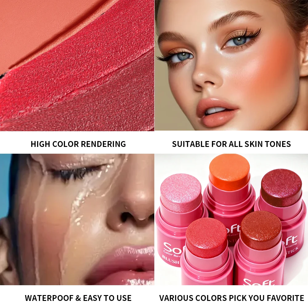 5 Colors Soft Blush Stick Creamy Blendable Cheek Lip Tint Color Revitalizing Long-Lasting Blush Stick for Face Makeup