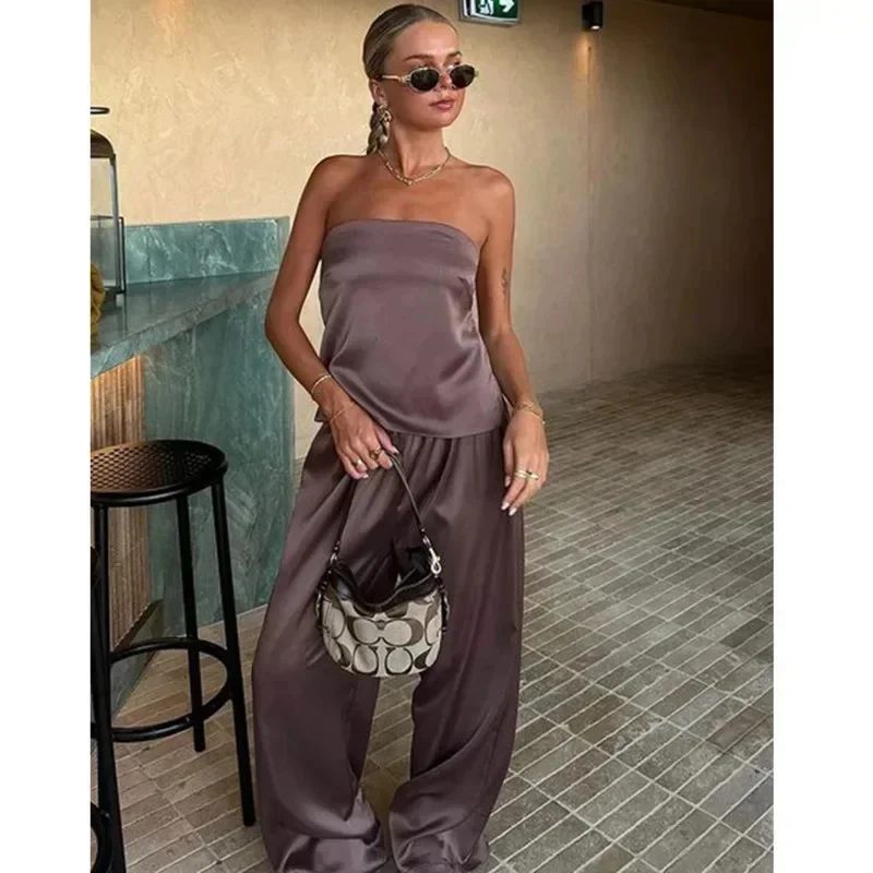 Women's Sleeveless Pant Suit Sexy Lace Up Backless Tank Top Wide Leg Pants Two Piece Set Loose Solid Suits Streetwear Fashion