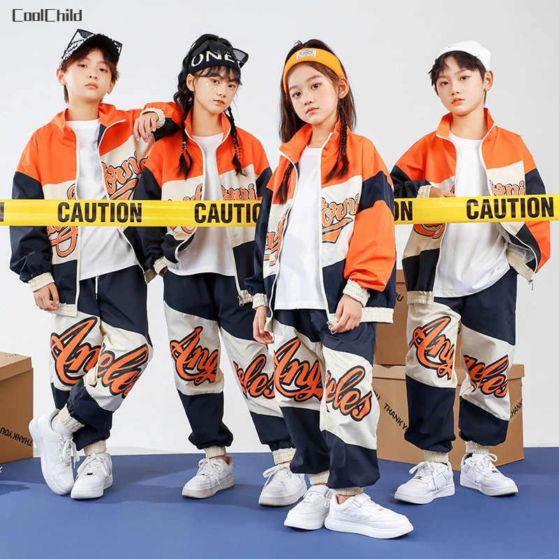 Boys Hip Hop Baseball Jacket Street Dance Loose Pants Girls Contrast Coat Joggers Kids Jazz Sport Clothes Sets Child Streetwear