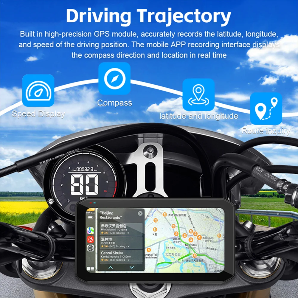 6.25 بوصة Carplay دراجة نارية DVR الملاحة GPS اللاسلكية CarPlay أندرويد السيارات 2K DVR محرك مسجل موتو مراقب واي فاي BSD IPX7