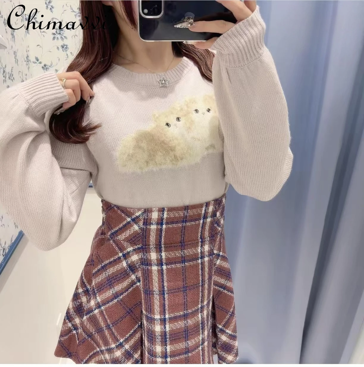 

Autumn and Winter New Cute Cartoon Slim Knitted Sweater Japanese Sweet Girls Round Neck Slim-fitting Bottomed Pullovers Y2k Tops