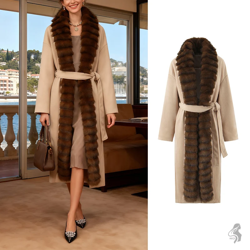 

Womens Long Coat Dark Brown With Contrasting Fur Trim Belted Waist Autumn Winter Light Luxury Commuter Jacket Woman Clothes Tops