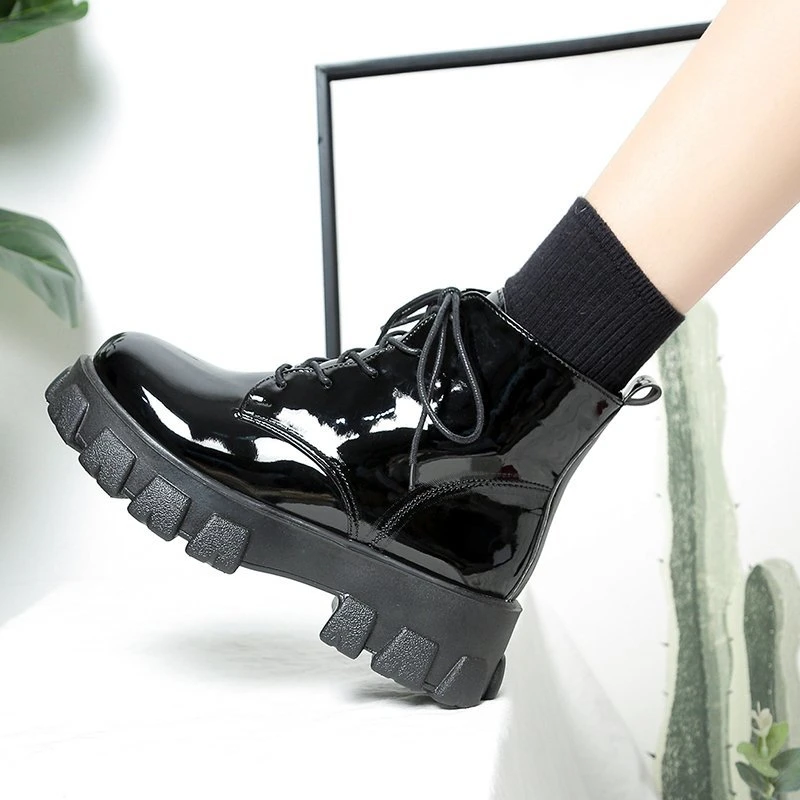 2022 New Women Black Ankle Boots PU Leather Thick Sole Lace Up Combat Booties Female Autumn Winter Platform Shoes Woman