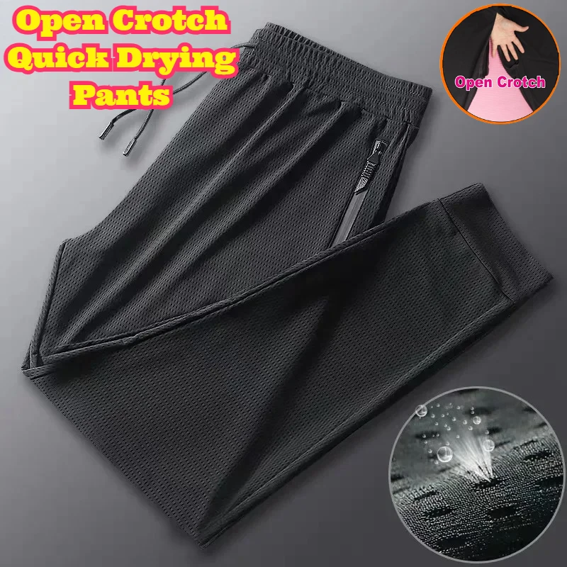 Opening Crotch Men Summer Ice Silk Sports Pants Thin Quick Dry Breathable Elastic Slim Plus Size Casual Trousers Lightweight New